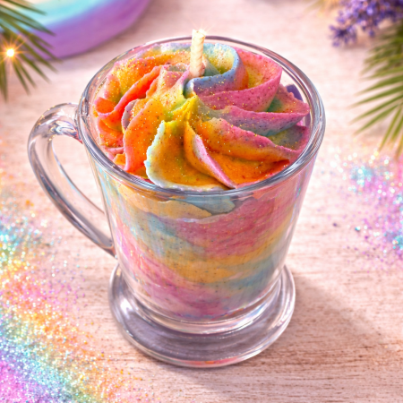 bougie gourmande artisanale multicolore avec chantilly effet arc en ciel dans une tasse en verre ambiance fun et coloree
