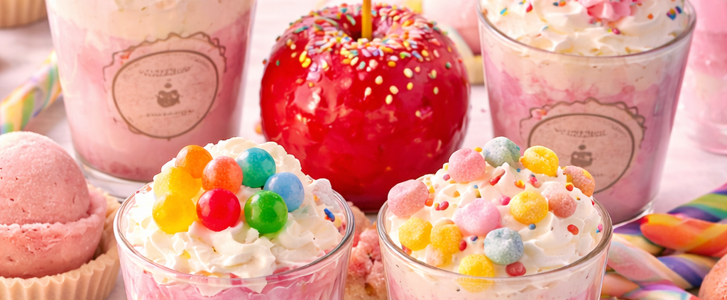 bougies gourmandes senteurs d enfance avec bonbons couleurs pastel ambiance sucrée et nostalgique