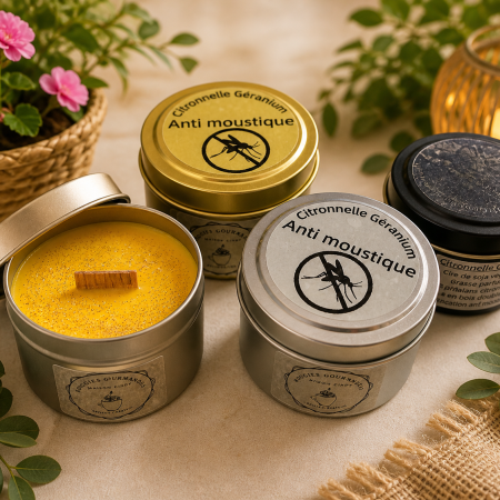 Bougie anti moustique citronnelle géranium en pot métal avec mèche bois double artisanale