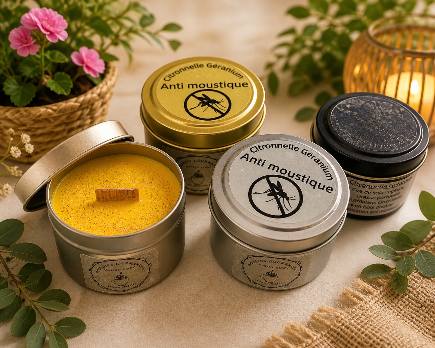 Bougie anti moustique citronnelle géranium en pot métal avec mèche bois double artisanale
