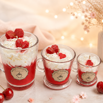 Bougies gourmandes pomme d’amour artisanales en tasse verre chantilly décorative parfum sucré