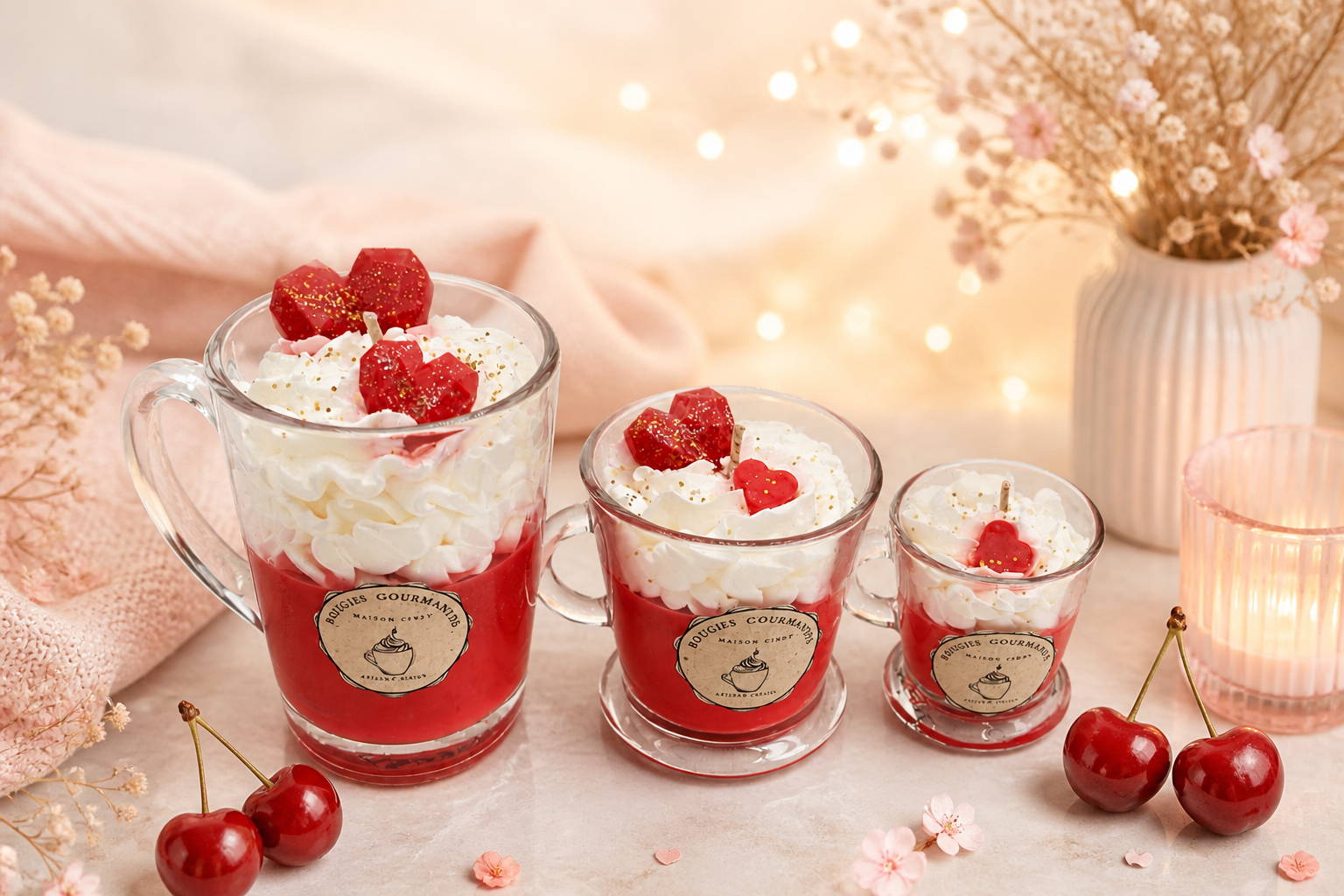 Bougies gourmandes pomme d’amour artisanales en tasse verre chantilly décorative parfum sucré