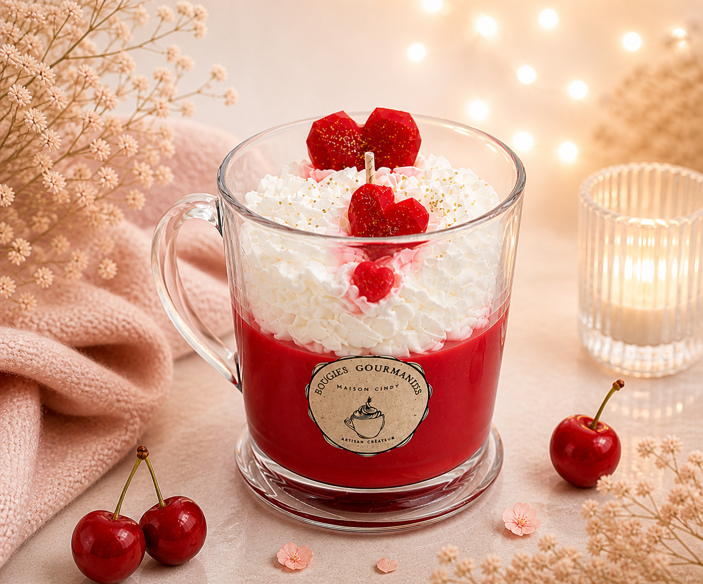 Bougie gourmande pomme d’amour grande taille en tasse verre chantilly artisanale parfum
