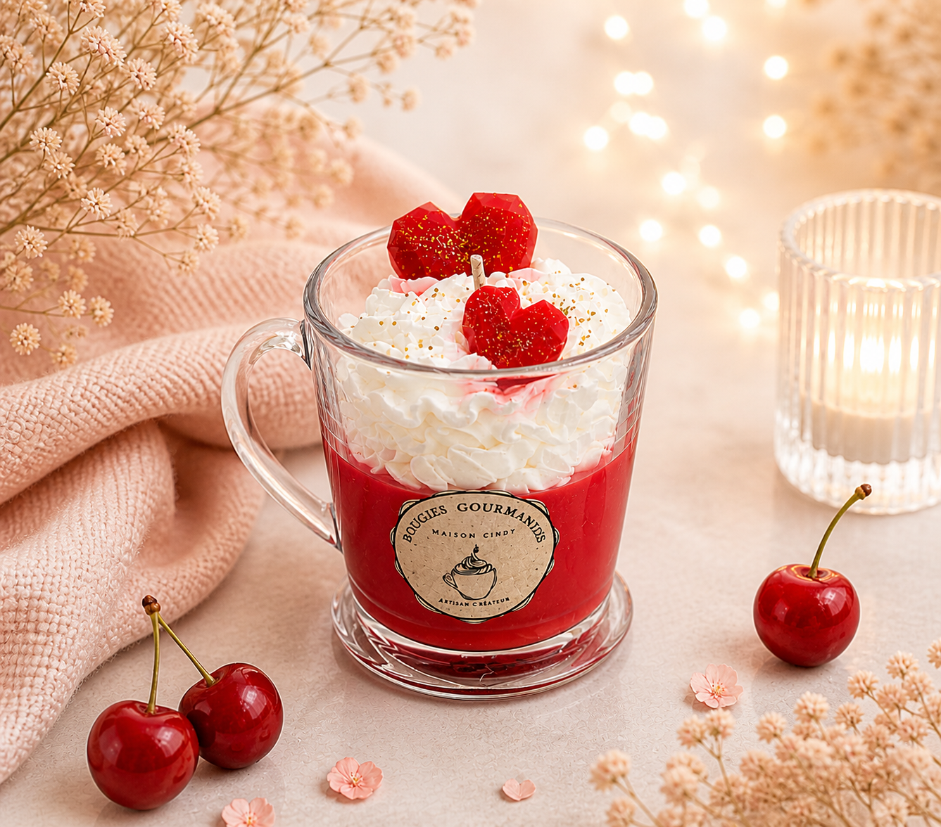 Bougie gourmande pomme d’amour taille M en tasse verre chantilly artisanale parfum sucré