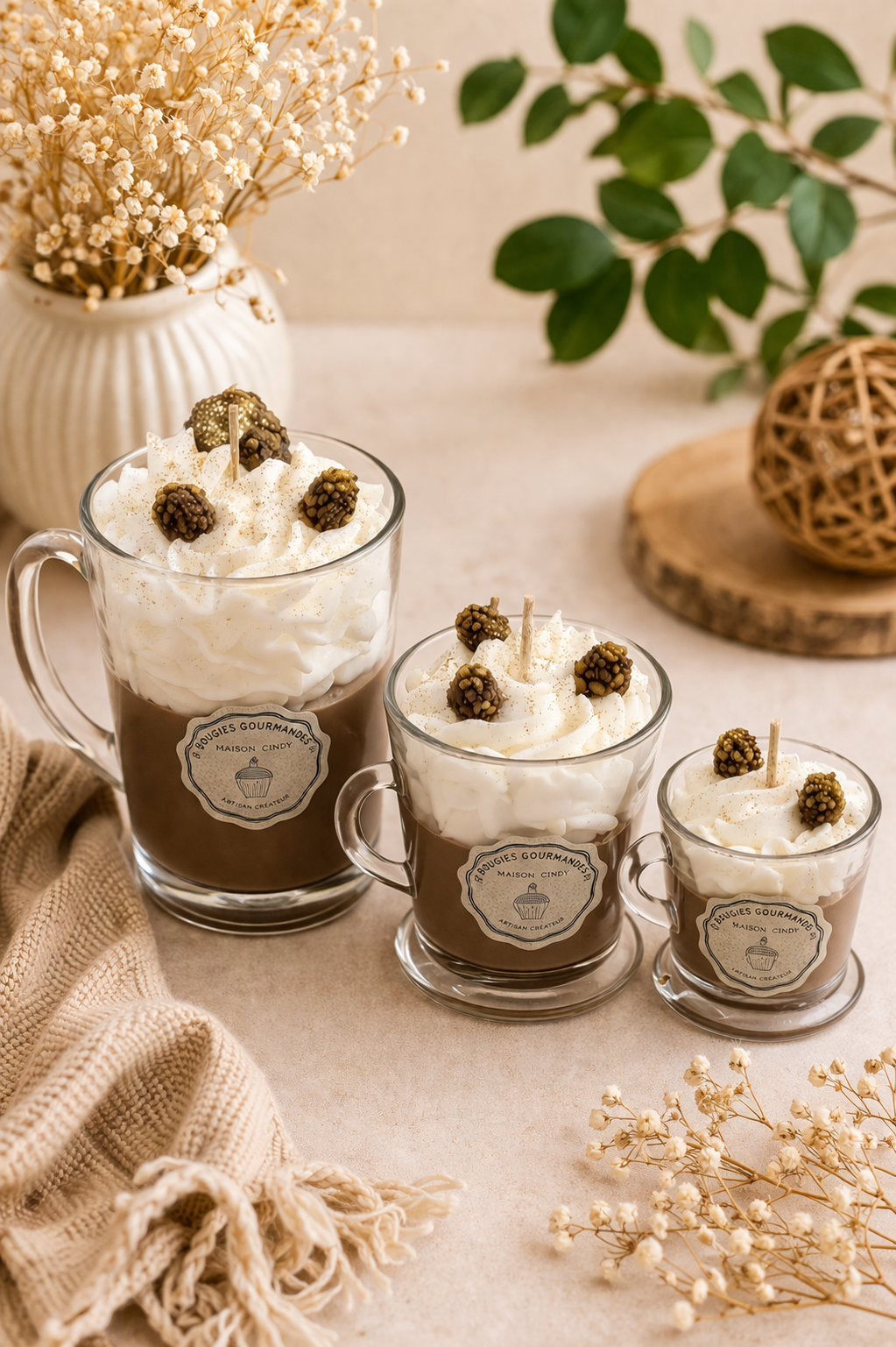 Bougies gourmandes rocher praliné artisanales en tasse verre chantilly décorative parfum chocolat
