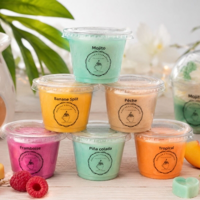 Fondants parfumés artisanaux Maison Cindy aux senteurs gourmandes framboise, mojito, pêche, vanille fraise et cappuccino.