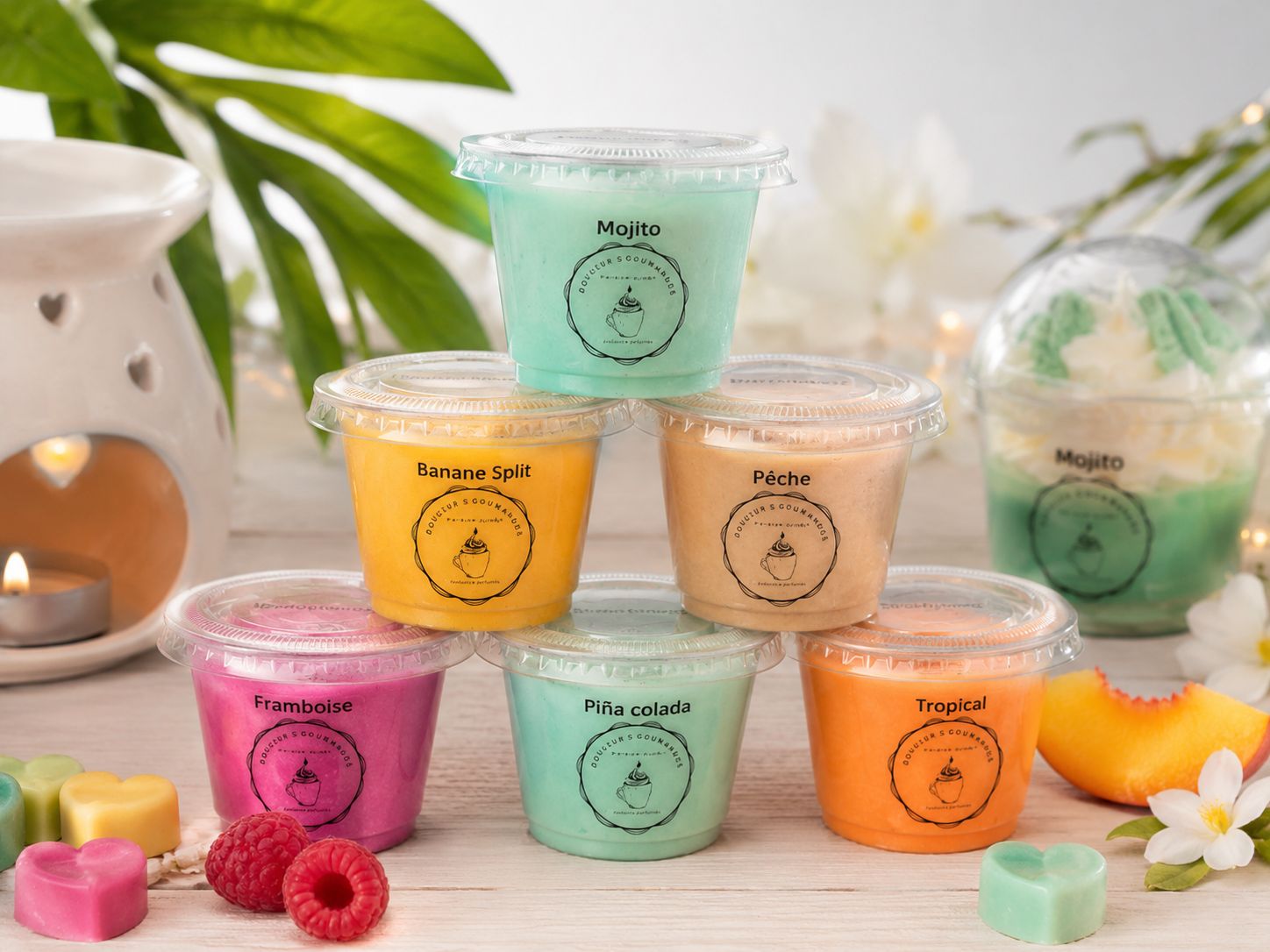 Fondants parfumés artisanaux Maison Cindy aux senteurs gourmandes framboise, mojito, pêche, vanille fraise et cappuccino.